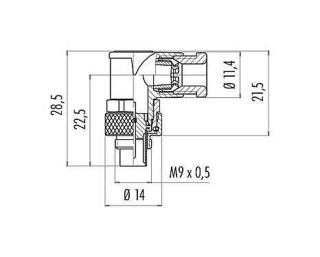 Scale drawing M9 Male angled connector, Contacts: 4, 3.5-5.0 mm, unshielded, solder, IP67