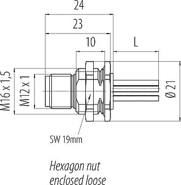 Bản vẽ tỷ lệ M12 Phích cắm gắn bảng, Số lượng cực : 5, không có chống nhiễu, dây đơn, IP68, UL 2238, M16x1,5, Chốt trung tâm
