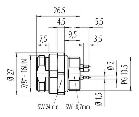 Schaaltekening 7/8" Male panel mount connector, aantal polen: 4+PE, onafgeschermd, THT, IP68, UL 2238, VDE, Frontaansluiting, gegoten