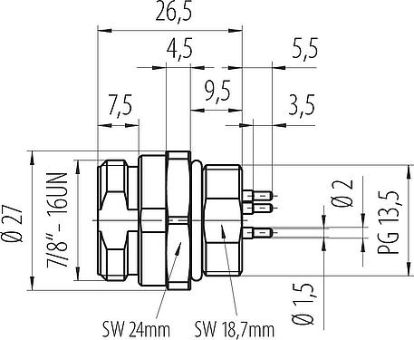 Schaaltekening 7/8" Male panel mount connector, aantal polen: 4, onafgeschermd, THT, IP68, UL 2238, VDE, Frontaansluiting, gegoten