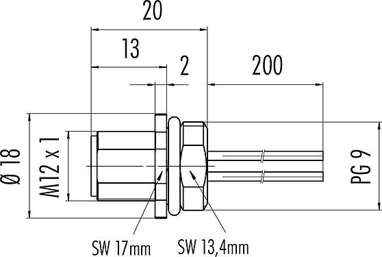 Scale drawing M12 Male panel mount connector, Contacts: 4, unshielded, single wires, IP67, UL 2238, VDE, PG 9, Front mounting, for the power supply, potted