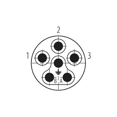 Disposition des contacts (Côté plug-in) 99 6165 000 06 - Baïonnette Connecteur mâle, Contacts: 6 (3+PE+2), 7,0-14,0 mm, non blindé, pince à visser, IP67 enfiché et verrouillé