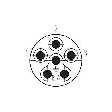 Polbild (Steckseite) Bajonett Kabelstecker, Polzahl: 6 (3+PE+2), 7,0-14,0 mm, ungeschirmt, schraubklemm, IP67 gesteckt und verriegelt, UL 2237