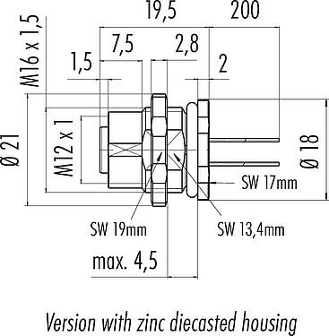 Scale drawing M12 Female panel mount connector, Contacts: 8, unshielded, single wires, IP68/IP69K, UL 2238, M16x1.5, Rear mounting