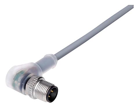 Illustration M12 Male angled connector, Contacts: 3, unshielded, moulded on the cable, IP68/IP69K, UL 2238, PVC, grey, 3 x 0.34 mm², with LED PNP, 5 m