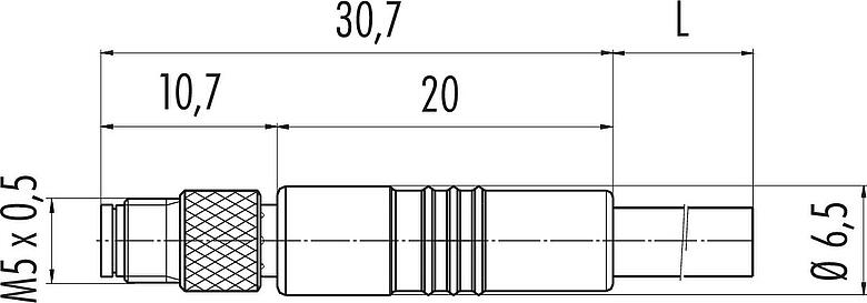 Scale drawing M5 Male cable connector, Contacts: 3, unshielded, moulded on the cable, IP67, UL 2238, M5x0.5, PUR, black, 3 x 0.14 mm², 2 m
