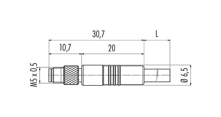 Dessin coté M5 Connecteur mâle, Contacts: 4, non blindé, surmoulé sur le câble, IP67, UL 2238, M5x0,5, PUR, noir, 4 x 0,25 mm², 2 m