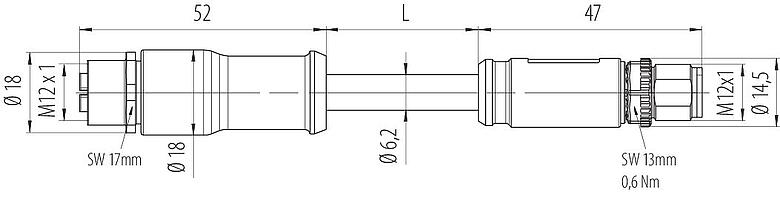 Maßzeichnung 77 4506 4505 90708-0200 - M12/M12 Verbindungsleitung Kabelstecker - Kabeldose, Polzahl: 8, geschirmt, am Kabel angespritzt, IP67, M12x1,0, E-beam X-FRNCL/LSNH, blau, 2 m