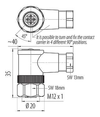 Disegno in scala M12 Connettore angolare femmin, Numero poli: 4, 4,0-6,0 mm, non schermato, morsetto a vite, IP67, UL 2238