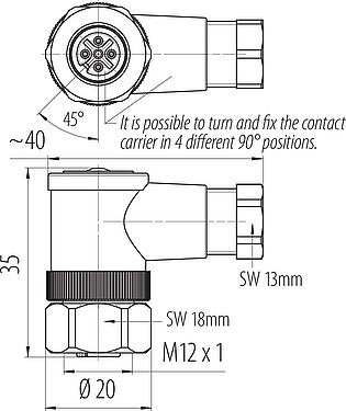 Scale drawing M12 Female angled connector, Contacts: 4, 4.0-6.0 mm, unshielded, screw clamp, IP67, UL 2238