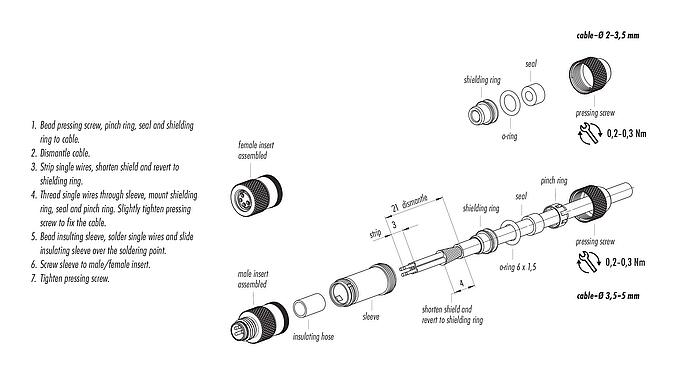 Instrução de montagem M8 Plugue de cabo, Contatos: 3, 3,5-5,0 mm, blindável, solda, IP67, UL 2238