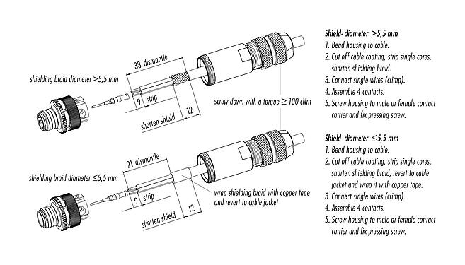 Instrukcja montażu 99 3721 810 04 - M12 Męskie złącze kablowe proste, Kontaktów: 4, 5,0-8,0 mm, do ekranowania, zaciskane (kontakty zaciskane należy zamawiać osobno), IP67