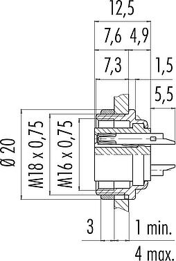 比例图 M16 孔头法兰座, 极数: 7 (07-a), 非屏蔽, 焊接, IP40, M18x0,75, 後壁安裝