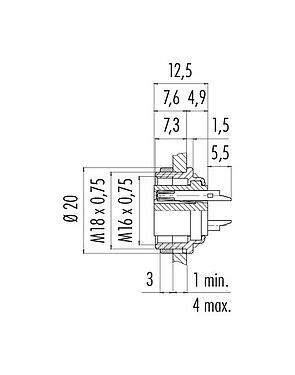 比例图 09 0304 80 02 - M16 孔头法兰座, 极数: 2 (02-a), 非屏蔽, 焊接, IP40, 板前固定