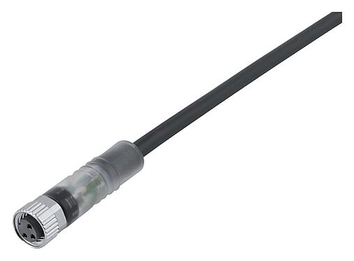 Illustratie M8 Kabeldoos, aantal polen: 3, onafgeschermd, aan de kabel aangegoten, IP67/IP69K, UL 2238, PUR, zwart, 3 x 0,34 mm², met LED PNP, 2 m