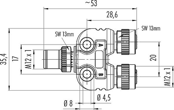 Maßzeichnung M12 Zweifachverteiler, Y-Verteiler, Stecker - 2 Dosen, Polzahl: 4/3, ungeschirmt, steckbar, IP68, UL 2238, mit LED PNP