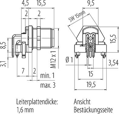 Maßzeichnung M12 Flanschstecker, Polzahl: 4, schirmbar, THR, IP67, UL 2238, M12x1,0, Rückwandmontage