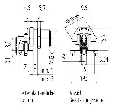 Maßzeichnung M12 Flanschstecker, Polzahl: 4, schirmbar, THR, IP67, UL 2238, M12x1,0, Rückwandmontage