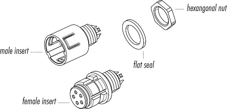 Component part drawing Snap-In Male panel mount connector, Contacts: 5, unshielded, solder, IP67, M8x0,75, Front mounting