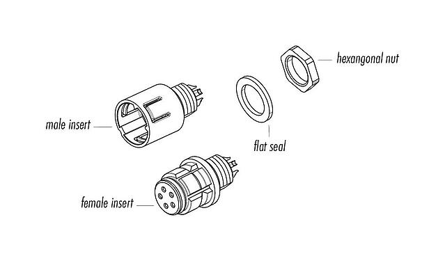Component part drawing Snap-In Male panel mount connector, Contacts: 5, unshielded, solder, IP67, M8x0,75, Front mounting