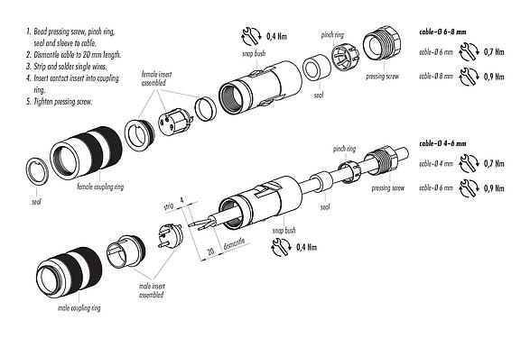 Istruzioni di montaggio M16 Connettore cavo maschio, Numero poli: 2 (02-a), 4,0-6,0 mm, non schermato, saldare, IP67