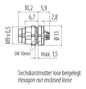 Scale drawing M9 Male panel mount connector, Contacts: 7, unshielded, solder, IP40, M9x0,5, Rear mounting