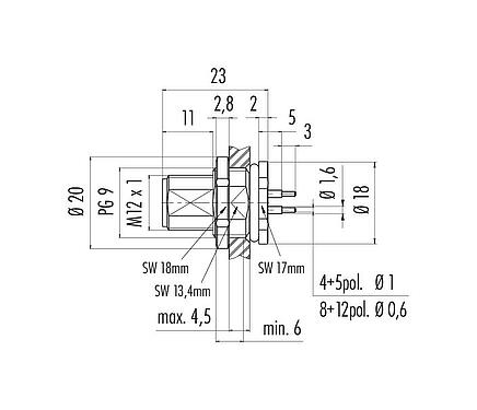 Maßzeichnung M12 Flanschstecker, Polzahl: 4, ungeschirmt, THT, IP68, UL 2238, PG 9, Rückwandmontage