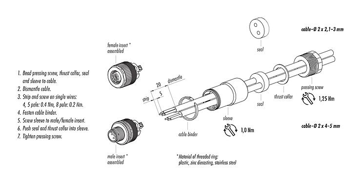 Összeszerelési utasítás M12 duo kábel csatlakozó, : 4, 2.1-3.0 mm (2 Kábel) lub 4-5 mm (2 Kábel), árnyékolatlan, csavaros bilincs, IP67, UL 2238