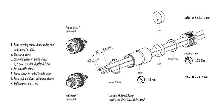 Assembly instructions 99 0487 186 08 - M12 Male cable duo connector, Contacts: 8, 2x cable Ø Ø 2.1-3.0 mm or  Ø 4.0-5.0 mm, unshielded, screw clamp, IP67, UL