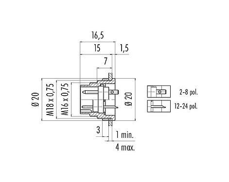 Maßzeichnung M16 Flanschstecker, Polzahl: 5 (05-b), ungeschirmt, löten, IP40, M18x0,75, Rückwandmontage