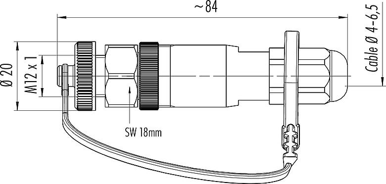 Scale drawing M12 Female cable connector, Contacts: 4, 4.0-6.5 mm, unshielded, screw clamp, IP68/IP69K, for outdoor, UV resistant