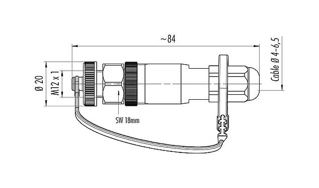 Desenho da escala M12 Tomada de cabo, Contatos: 4, 4,0-6,5 mm, desprotegido, pinça de parafuso, IP68/IP69K, para aplicações externas, UV-Beständig