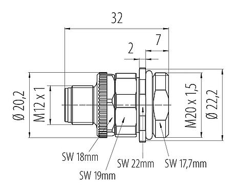 Maßzeichnung M12 Flanschstecker, Polzahl: 4, ungeschirmt, schraubklemm, IP68, UL 2238, VDE, M20x1,5, Frontmontage