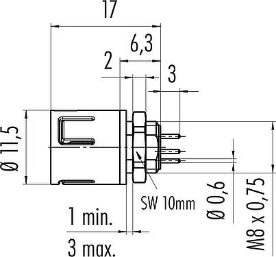 Scale drawing Snap-In Male panel mount connector, Contacts: 4, unshielded, THT, IP67, UL 2238, M8x0,75, Front mounting