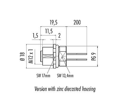 Schaaltekening M12 Female panel mount connector, aantal polen: 4, onafgeschermd, draden, IP67, UL 2238, PG 9, Frontaansluiting