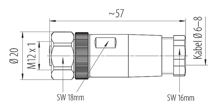Maßzeichnung M12 Kabeldose, Polzahl: 4, 6,0-8,0 mm, ungeschirmt, schraubklemm, IP67, Edelstahl