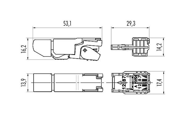 Maßzeichnung RJ45 Stecker, Polzahl: 4, 5,0-9,0 mm, schirmbar, Durchdringtechnik, IP20