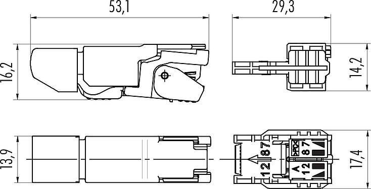 Bản vẽ tỷ lệ RJ45 Phích cắm, Số lượng cực : 8, 5,0-9,0mm, có thể che chắn, Kỹ thuật thâm nhập, IP20, UL