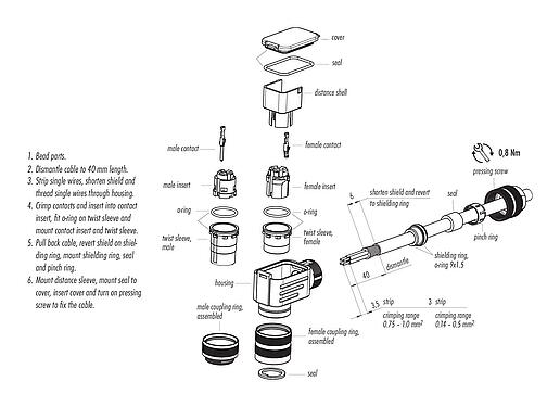 Assembly instructions M16 Male angled connector, Contacts: 4 (04-a), 4.0-6.0 mm, shieldable, crimping (Crimp contacts must be ordered separately), IP67, UL 2238