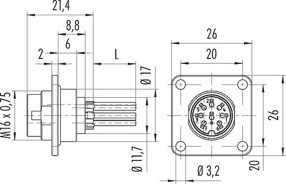 Scale drawing M16 Male panel mount connector, Contacts: 7 (07-a), unshielded, single wires, IP67, UL 2238, M18x0,75, Front mounting