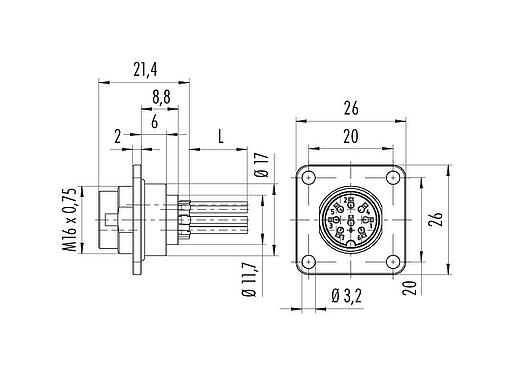 Disegno in scala M16 Connettore maschio a flangia, Numero poli: 4 (04-a), non schermato, fili singoli, IP67, UL 2238, M18x0,75, Montaggio anteriore