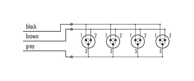 Pin assignment plans Snap-In 4-way distributor, Contacts: 3, unshielded, moulded on the cable, IP67, 3 x 0.75 mm²