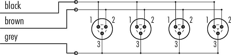 Schémas d’affectation des broches Snap-In Distributeur 4 voies, Contacts: 3, non blindé, surmoulé sur le câble, IP67, 3 x 0,75 mm²