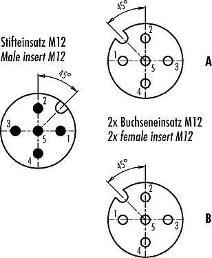 Contact arrangement (Plug-in side) M12 Twin distributors, T-distributor, male connector - 2 female connector, Contacts: 5, unshielded, pluggable, IP68, UL 2238