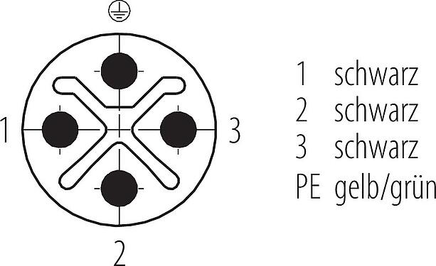 Polbild (Steckseite) M12 Verbindungsleitung Kabelstecker - Kabeldose, Polzahl: 3+PE, ungeschirmt, am Kabel angespritzt, IP68, UL 2238, M12x1,0, PUR, schwarz, 4 x 1,50 mm², 5 m