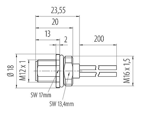 Dessin coté M12 Embase mâle, Contacts: 4, non blindé, fils, IP68, UL 2238, M16x1,5, Montage frontal, coulé