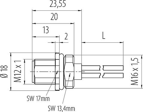 Disegno in scala M12 Connettore maschio a flangia, Numero poli: 3, non schermato, fili singoli, IP68, UL 2238, M16x1,5, Montaggio anteriore, modellato