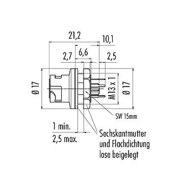 Maßzeichnung Bajonett Flanschdose, Polzahl: 5, ungeschirmt, THT, IP54 ungesteckt, M13x1,0, Frontmontage