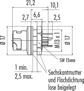Maßzeichnung Bajonett Flanschdose, Polzahl: 5, ungeschirmt, THT, IP54 ungesteckt, M13x1,0, Frontmontage