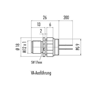 Maßzeichnung M12 Flanschstecker, Polzahl: 5, ungeschirmt, Litzen, IP68, UL 2238, PG 9, Frontmontage, Edelstahl, positionierbar, vergossen